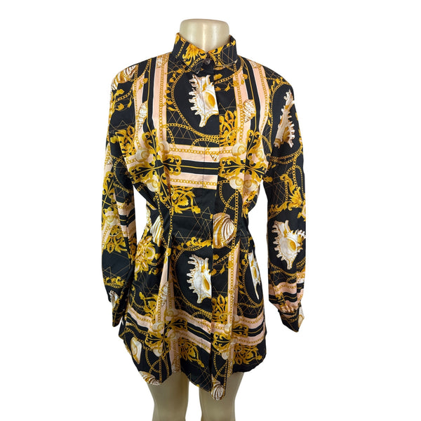 Halfheart Black & Gold Baroque Print Long-Sleeve Shirt Dress Button-Up Size S