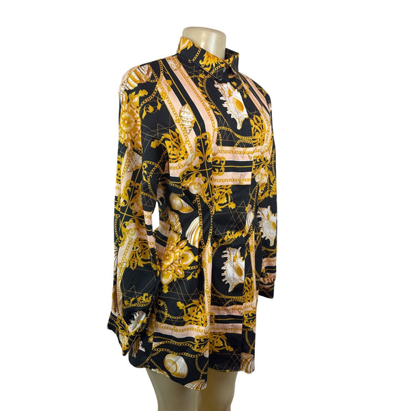 Halfheart Black & Gold Baroque Print Long-Sleeve Shirt Dress Button-Up Size S
