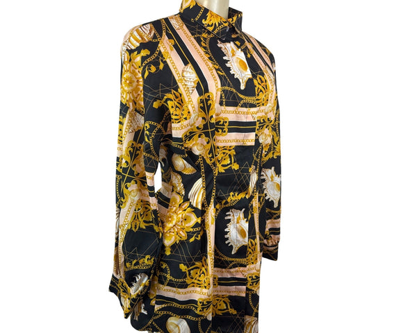Halfheart Black & Gold Baroque Print Long-Sleeve Shirt Dress Button-Up Size S