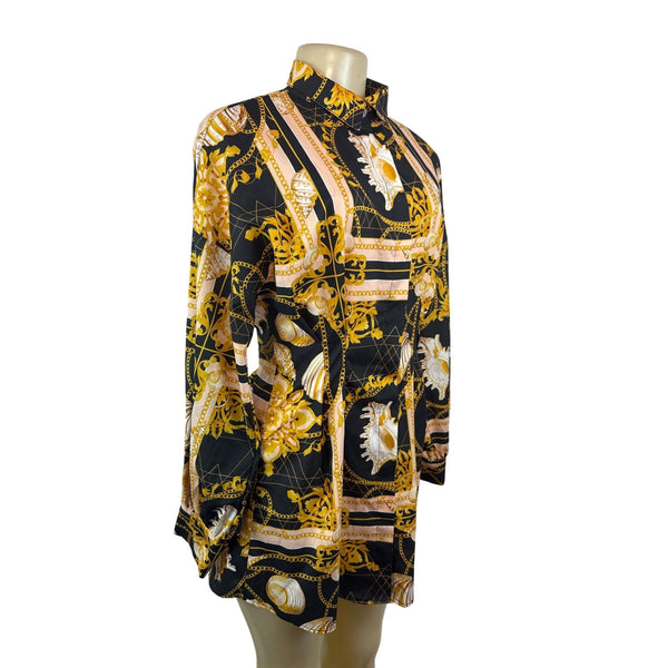 Halfheart Black & Gold Baroque Print Long-Sleeve Shirt Dress Button-Up Size S