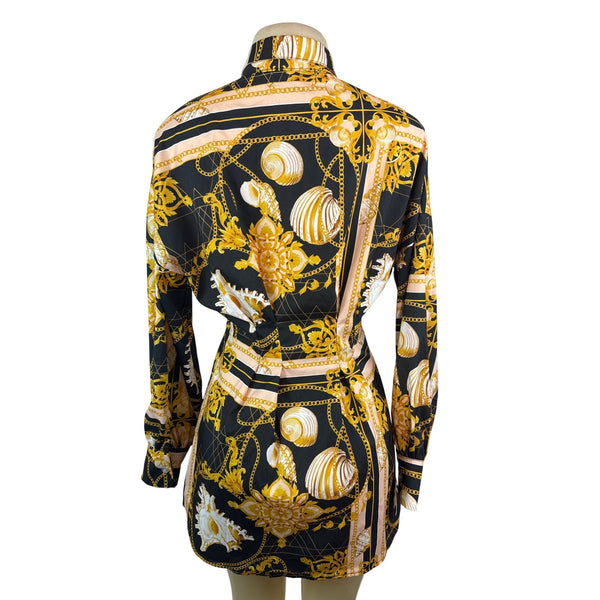 Halfheart Black & Gold Baroque Print Long-Sleeve Shirt Dress Button-Up Size S