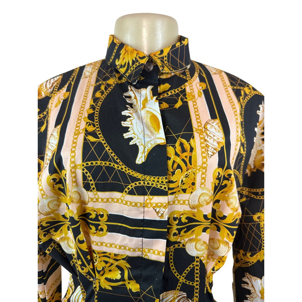 Halfheart Black & Gold Baroque Print Long-Sleeve Shirt Dress Button-Up Size S