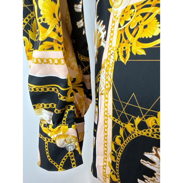 Halfheart Black & Gold Baroque Print Long-Sleeve Shirt Dress Button-Up Size S