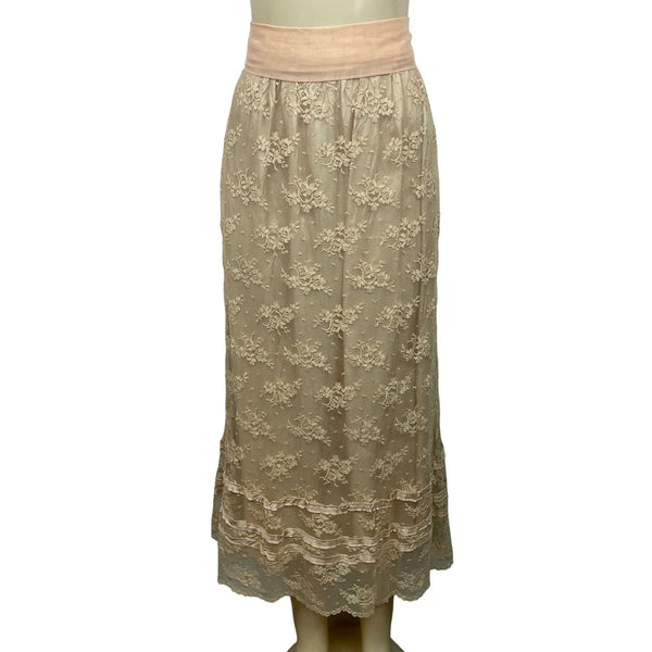 Soft Surroundings Women's Beige With Pink Lace Ribbon Long Skirt Sz M