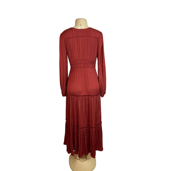Anthropologie Women's Rust Red Long Sleeve Tiered Maxi Dress Size S