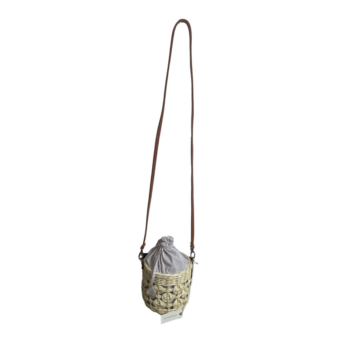 Anthropologie Woven Rattan Crossbody Bag With Striped Cotton Lining & Faux Leather Strap