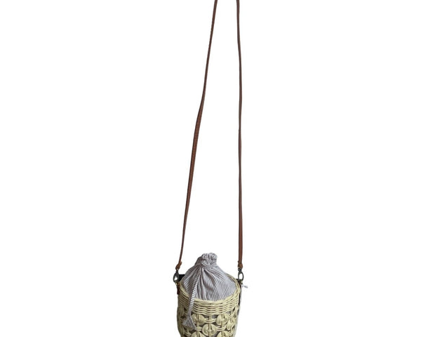 Anthropologie Woven Rattan Crossbody Bag With Striped Cotton Lining & Faux Leather Strap