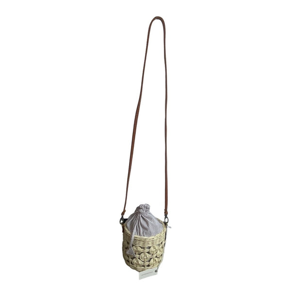 Anthropologie Woven Rattan Crossbody Bag With Striped Cotton Lining & Faux Leather Strap