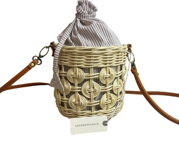 Anthropologie Woven Rattan Crossbody Bag With Striped Cotton Lining & Faux Leather Strap