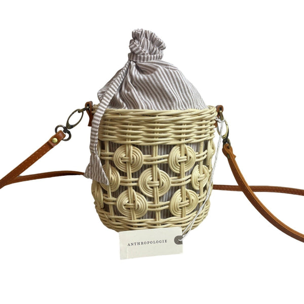 Anthropologie Woven Rattan Crossbody Bag With Striped Cotton Lining & Faux Leather Strap