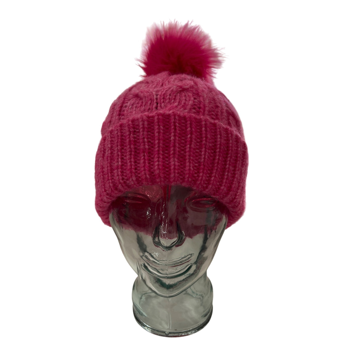 Loft Womens Hot Pink Knit Beanie Hat Faux Fur Pom Cable Knit Winter Warm One Size