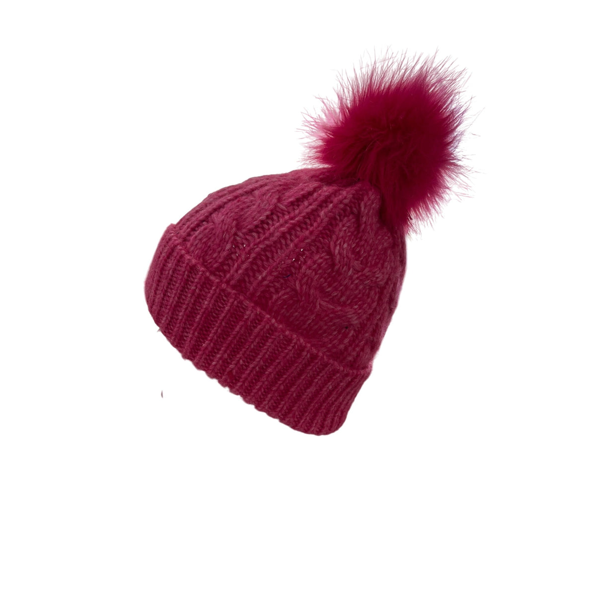 Loft Womens Hot Pink Knit Beanie Hat Faux Fur Pom Cable Knit Winter Warm One Size