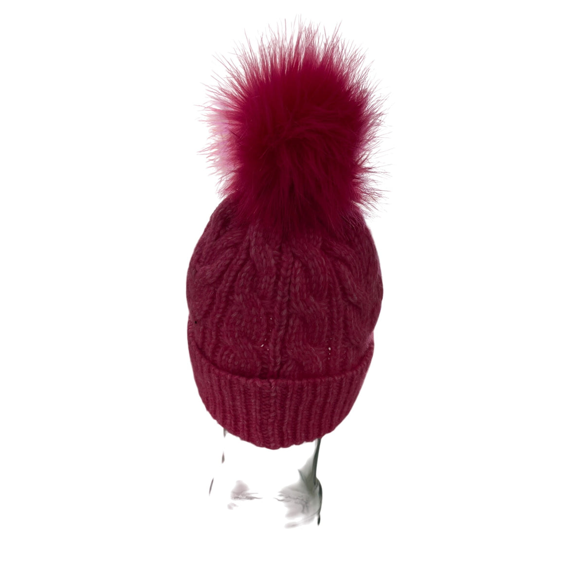 Loft Womens Hot Pink Knit Beanie Hat Faux Fur Pom Cable Knit Winter Warm One Size