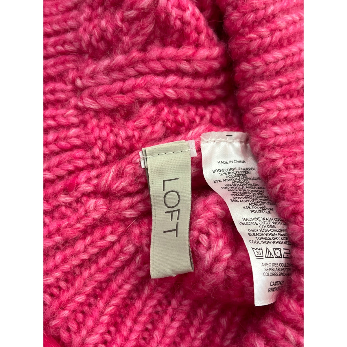 Loft Womens Hot Pink Knit Beanie Hat Faux Fur Pom Cable Knit Winter Warm One Size