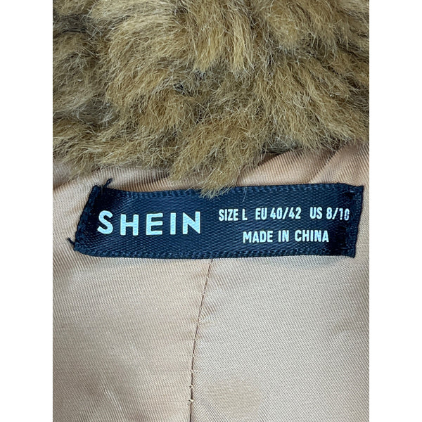 Shein Womens Camel Faux Shearling Longline Coat Size L Warm Plush Outerwear