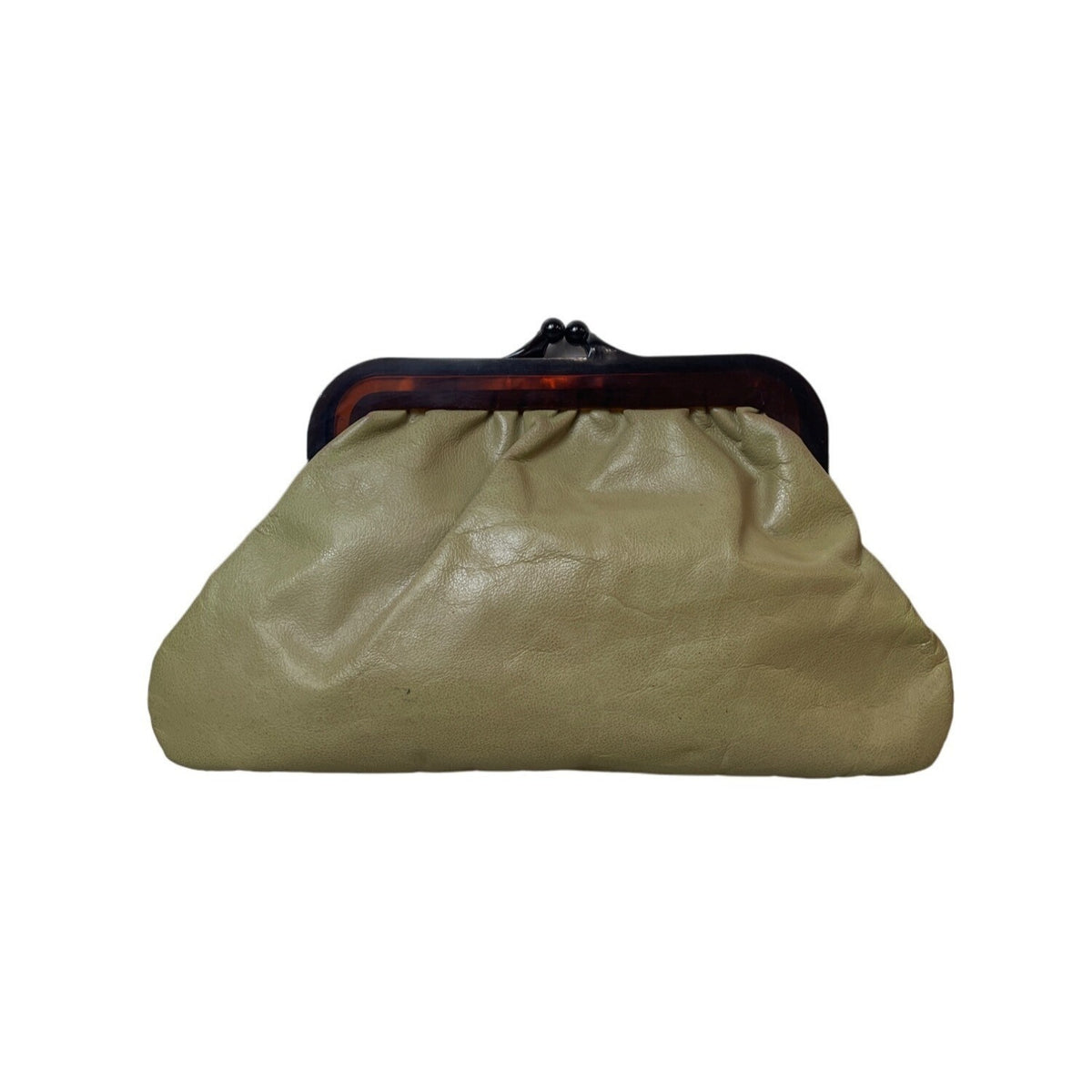 Woodward Lothrop Vintage Women's Beige Leather Black Bakelite Kiss lock Coin Purse Sz M