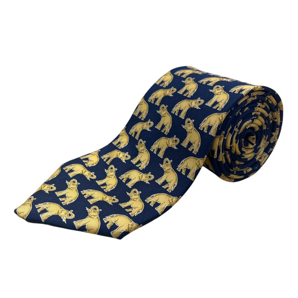Vintage Brooks Brothers Mens Navy & Gold 100% Silk Elephant Print Tie