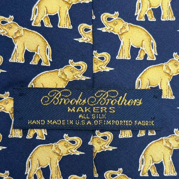 Vintage Brooks Brothers Mens Navy & Gold 100% Silk Elephant Print Tie