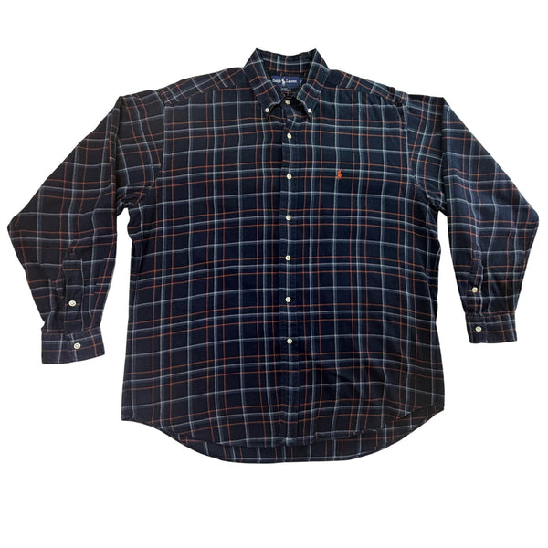 Ralph Lauren Mens Navy/Orange Cotton Plaid Long Sleeve Shirt Size L