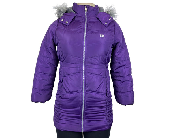Calvin Klein Womens Purple Puffer Jacket With Faux Fur Hood & Side Pockets Sz S