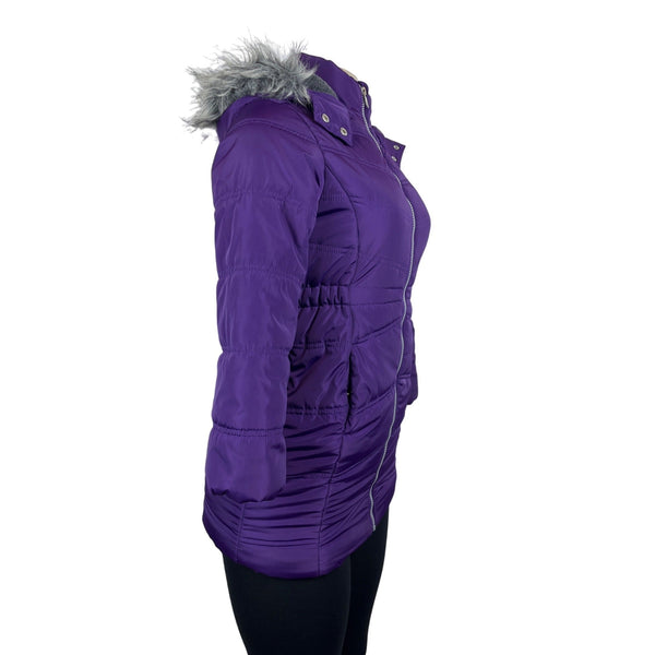 Calvin Klein Womens Purple Puffer Jacket With Faux Fur Hood & Side Pockets Sz S