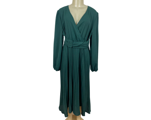 S-Deer Women’s Teal Pleated Maxi Blousson Dress with Long Sleeves Size XXL