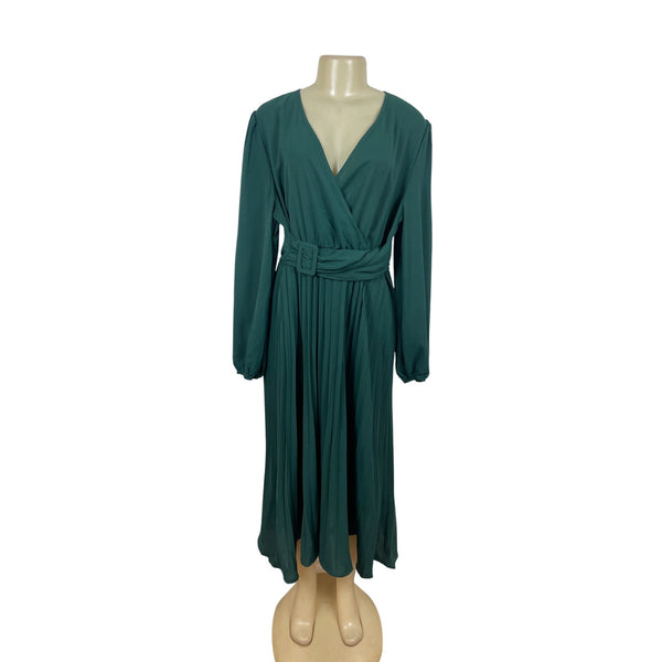 S-Deer Women’s Teal Pleated Maxi Blousson Dress with Long Sleeves Size XXL