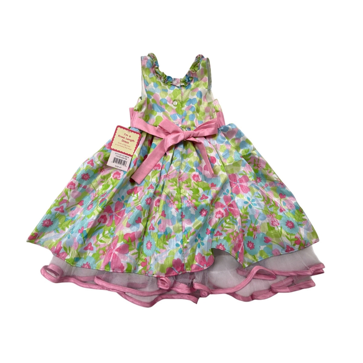 Jona Michelle Girls Pink & Green Floral Knee-Length Dress Sz 4T - New