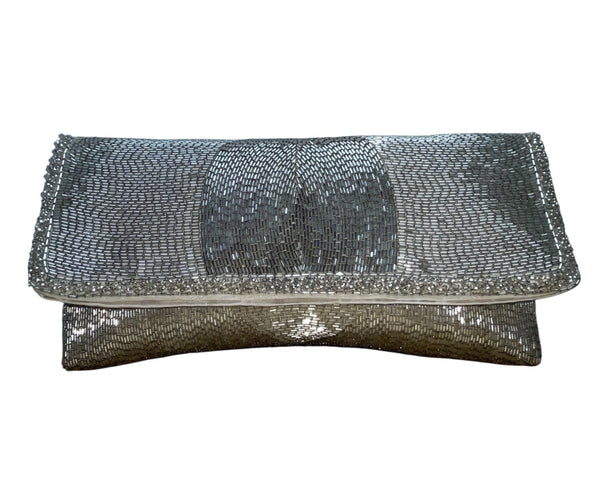 Vintage Silver Beads With Rhinestone Accents & Satin Lining Evening Clutch Purse