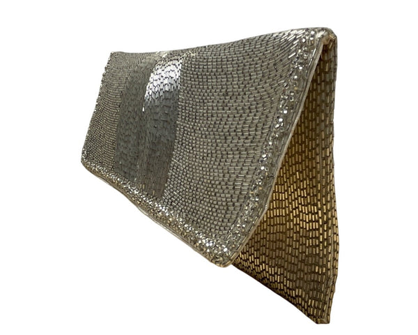 Vintage Silver Beads With Rhinestone Accents & Satin Lining Evening Clutch Purse