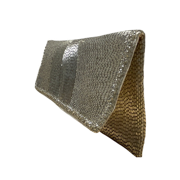 Vintage Silver Beads With Rhinestone Accents & Satin Lining Evening Clutch Purse