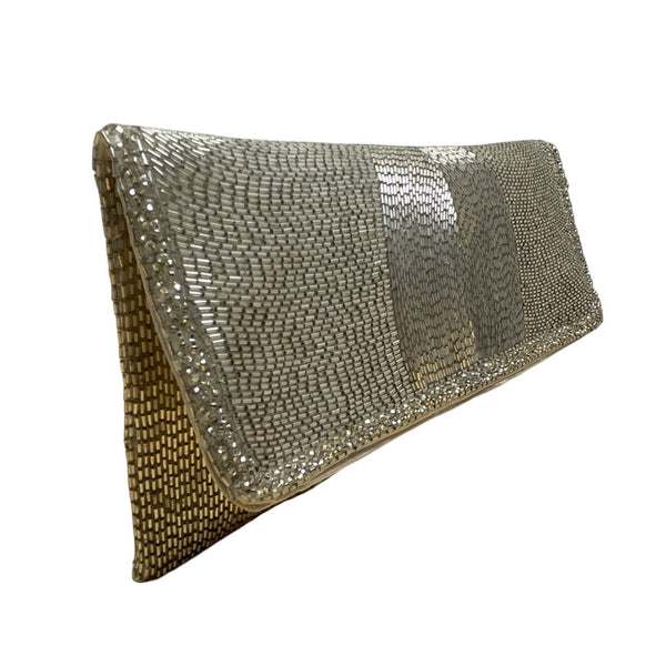 Vintage Silver Beads With Rhinestone Accents & Satin Lining Evening Clutch Purse