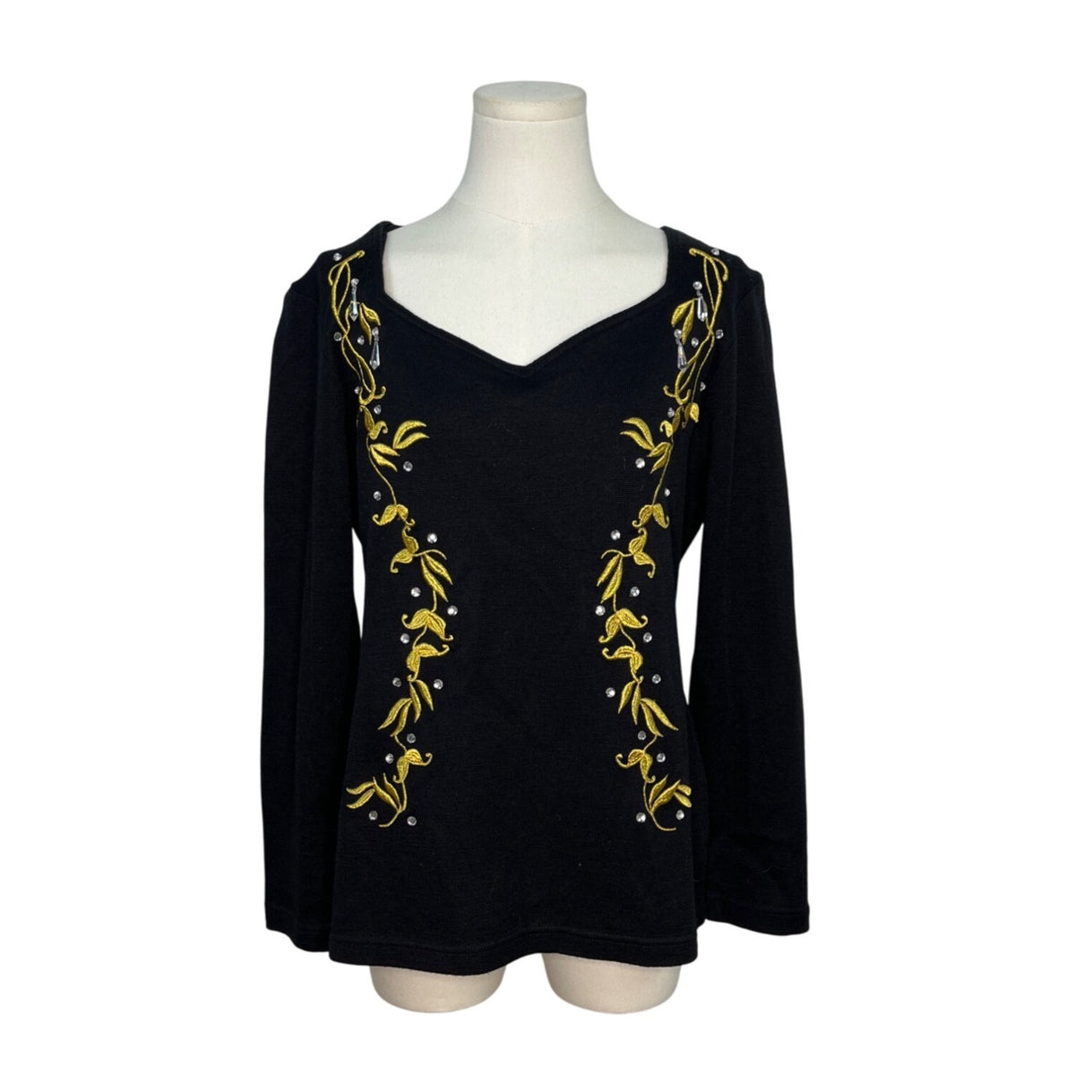 L'EAU VIVE Black Knit Top With Yellow Embroidery V-Neck Long Sleeve Womens Size M