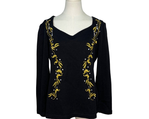 L'EAU VIVE Black Knit Top With Yellow Embroidery V-Neck Long Sleeve Womens Size M