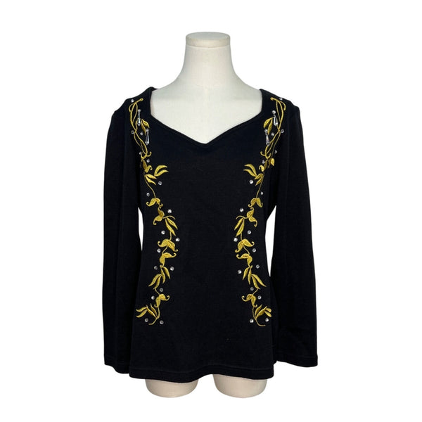 L'EAU VIVE Black Knit Top With Yellow Embroidery V-Neck Long Sleeve Womens Size M