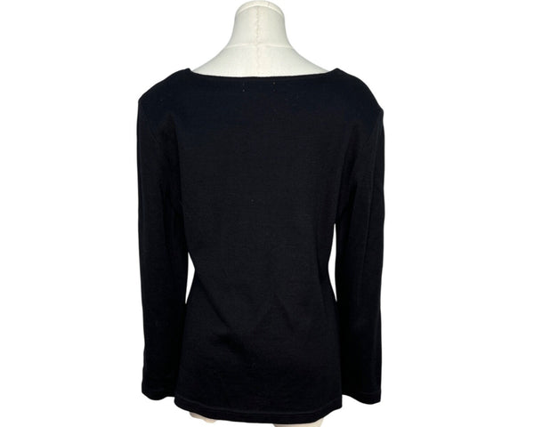 L'EAU VIVE Black Knit Top With Yellow Embroidery V-Neck Long Sleeve Womens Size M