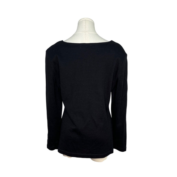 L'EAU VIVE Black Knit Top With Yellow Embroidery V-Neck Long Sleeve Womens Size M