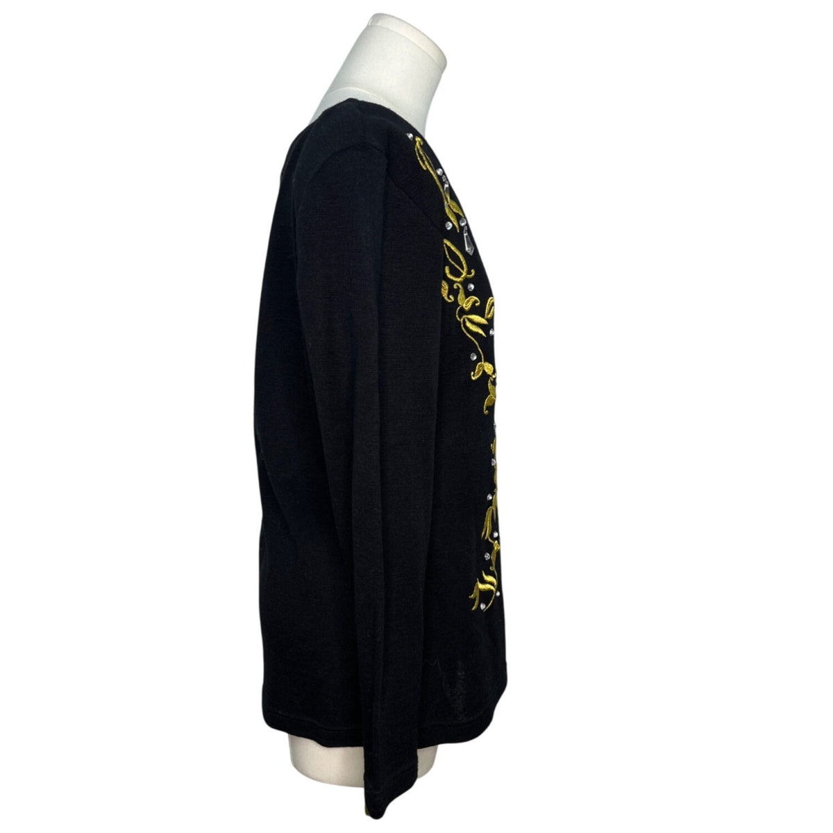 L'EAU VIVE Black Knit Top With Yellow Embroidery V-Neck Long Sleeve Womens Size M