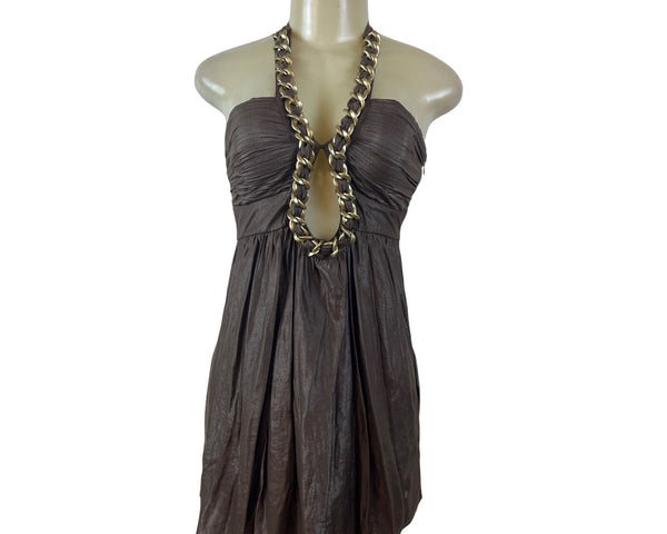 Verdict Brown Chain Halter Dress Women’s Sleeveless Open Front Ruched Sz S
