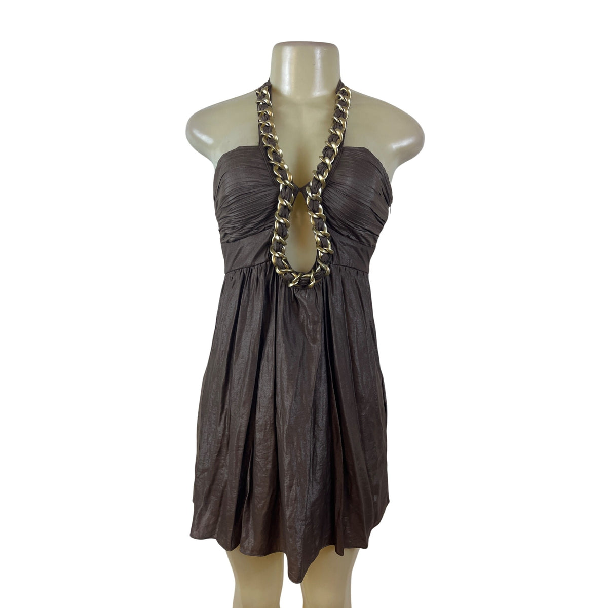 Verdict Brown Chain Halter Dress Women’s Sleeveless Open Front Ruched Sz S
