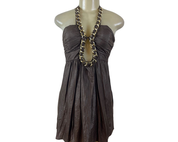 Verdict Brown Chain Halter Dress Women’s Sleeveless Open Front Ruched Sz S