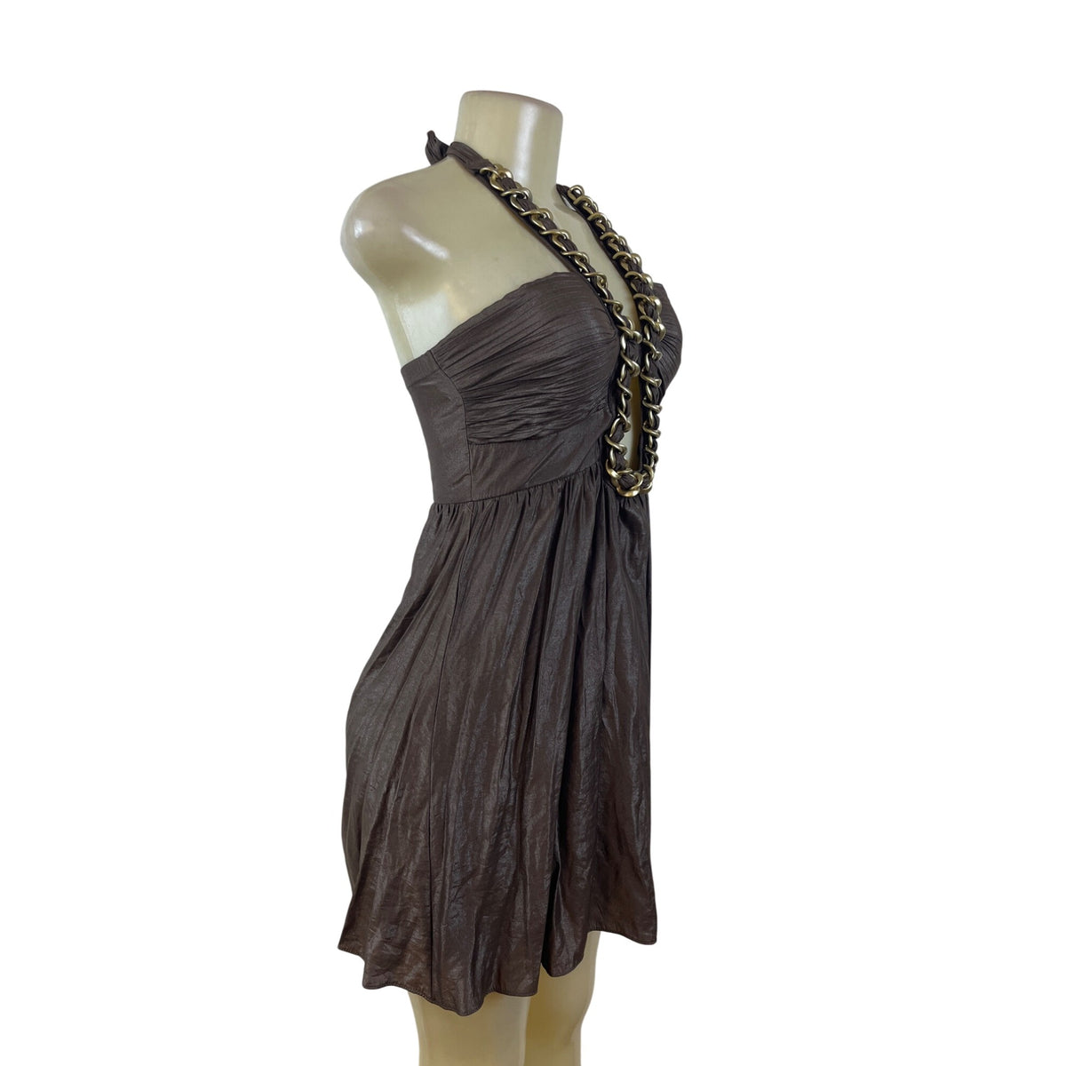 Verdict Brown Chain Halter Dress Women’s Sleeveless Open Front Ruched Sz S