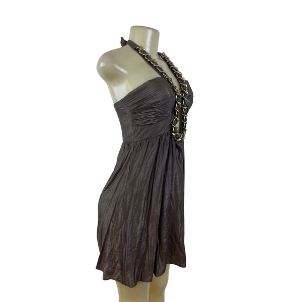 Verdict Brown Chain Halter Dress Women’s Sleeveless Open Front Ruched Sz S