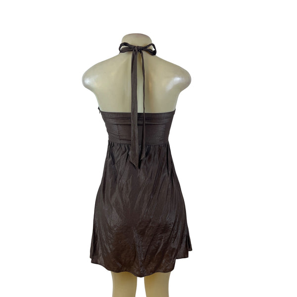 Verdict Brown Chain Halter Dress Women’s Sleeveless Open Front Ruched Sz S