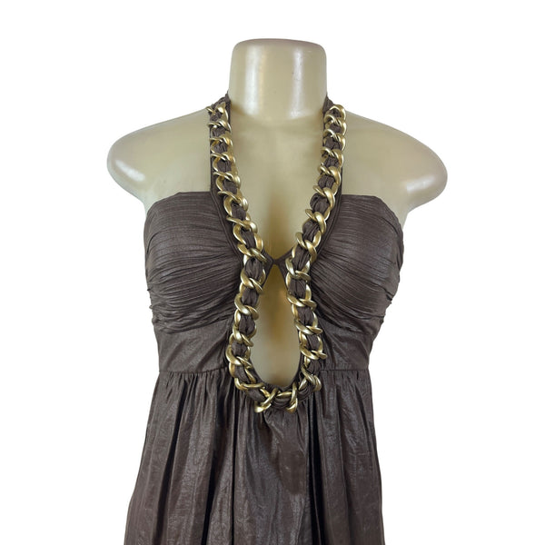 Verdict Brown Chain Halter Dress Women’s Sleeveless Open Front Ruched Sz S