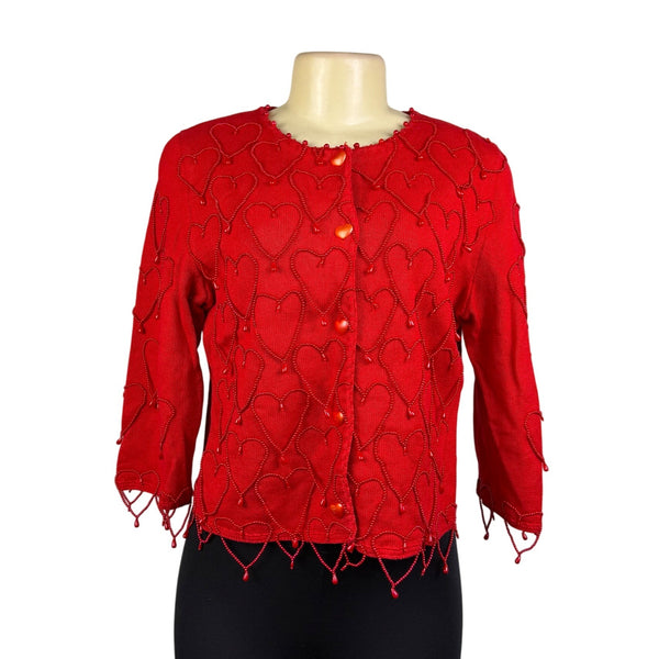 Michael Simon Red Cotton Cardigan Beaded Sequin Hearts Embellished Details Sz M