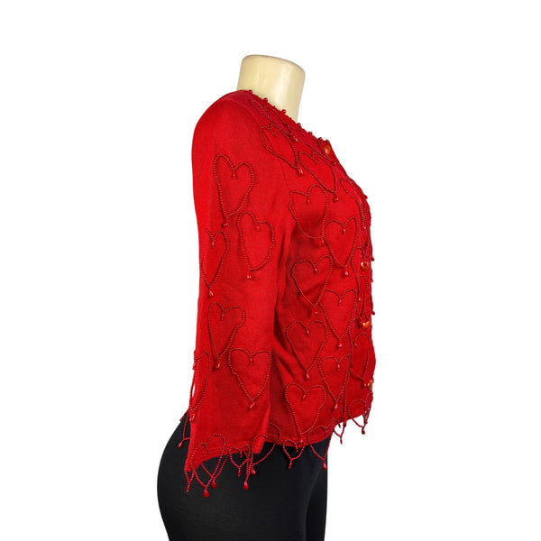 Michael Simon Red Cotton Cardigan Beaded Sequin Hearts Embellished Details Sz M