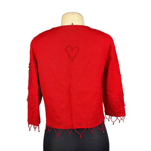 Michael Simon Red Cotton Cardigan Beaded Sequin Hearts Embellished Details Sz M