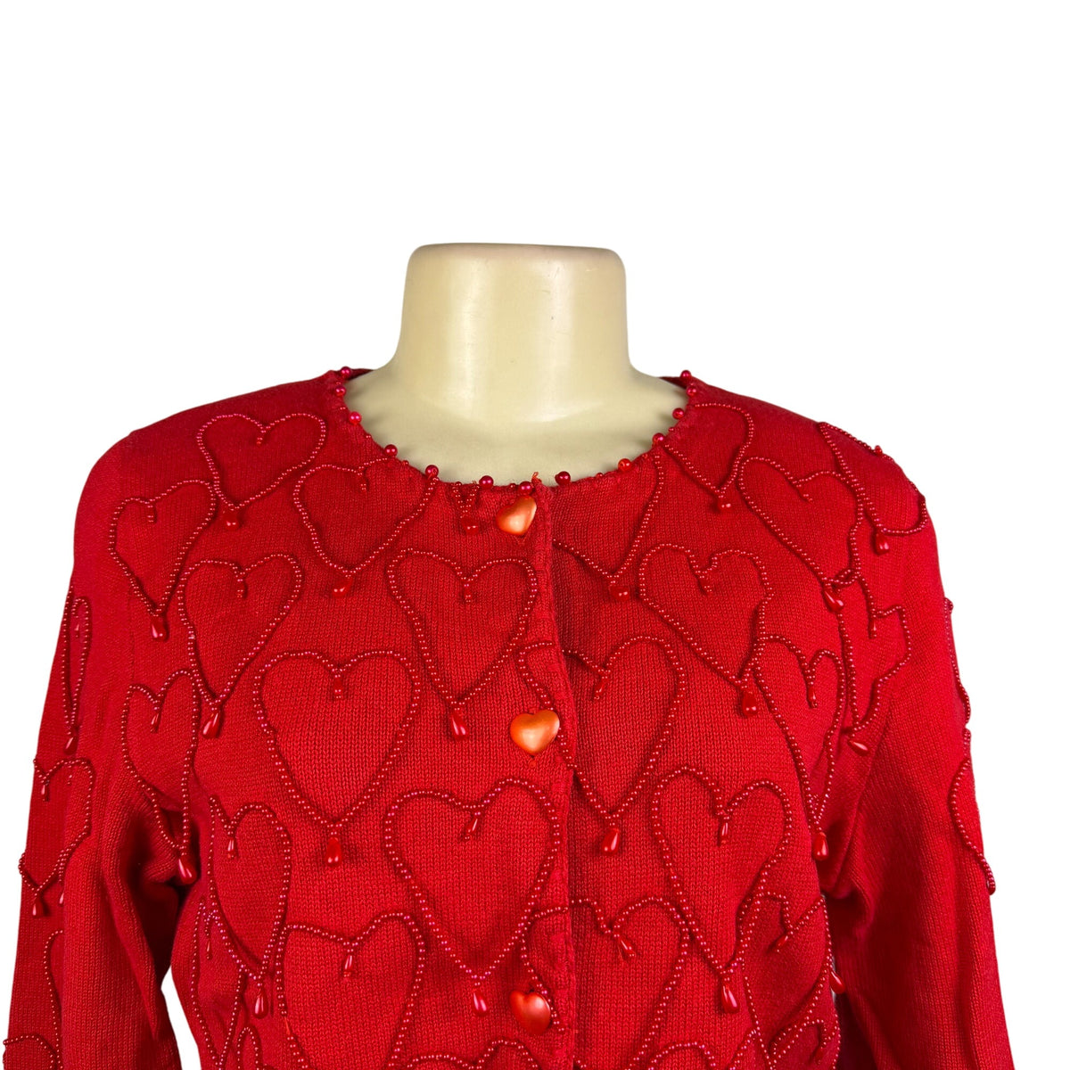 Michael Simon Red Cotton Cardigan Beaded Sequin Hearts Embellished Details Sz M