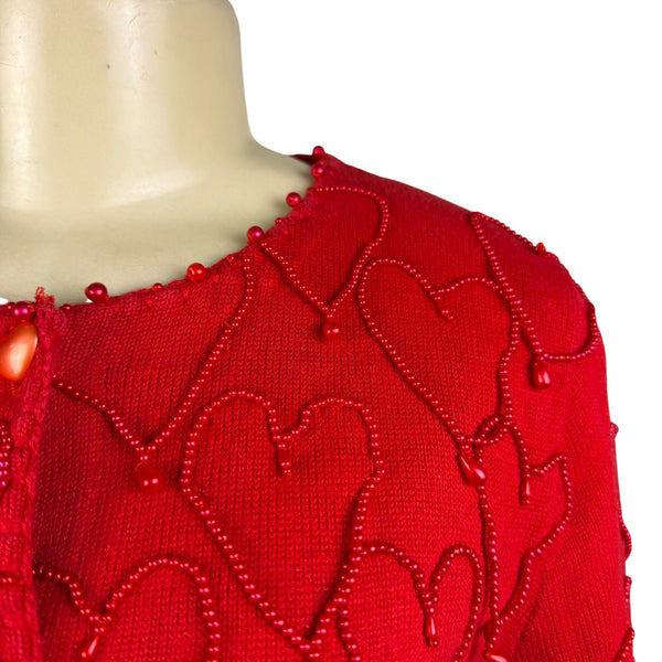 Michael Simon Red Cotton Cardigan Beaded Sequin Hearts Embellished Details Sz M